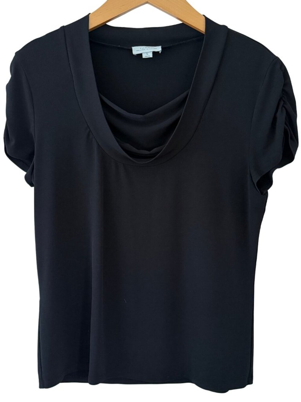 Tahari ASL Black Draped Cowl Neck Ruched Sleeve Top Large